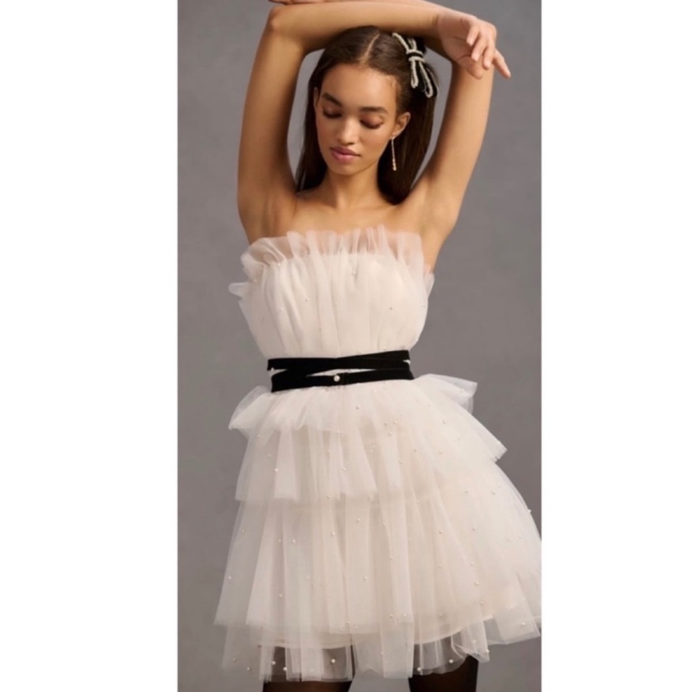 Anthropologie Maeve Tiered Strapless Tulle Mini Dress Pearl Bridal Wedding NEW 8